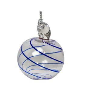 Hand Blown Glass Ornament Clear & Cobalt Blue Swirl Large 4" Holiday Art Ball